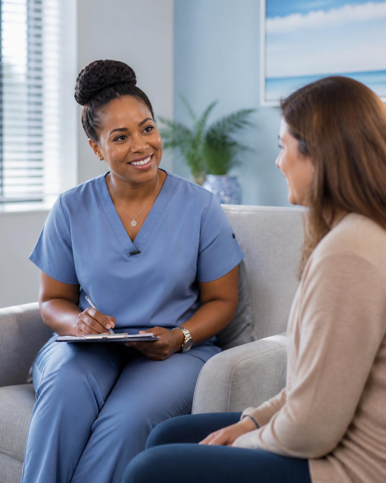 A behavioral health counselor listening compassionately to a client in a bright therapy room